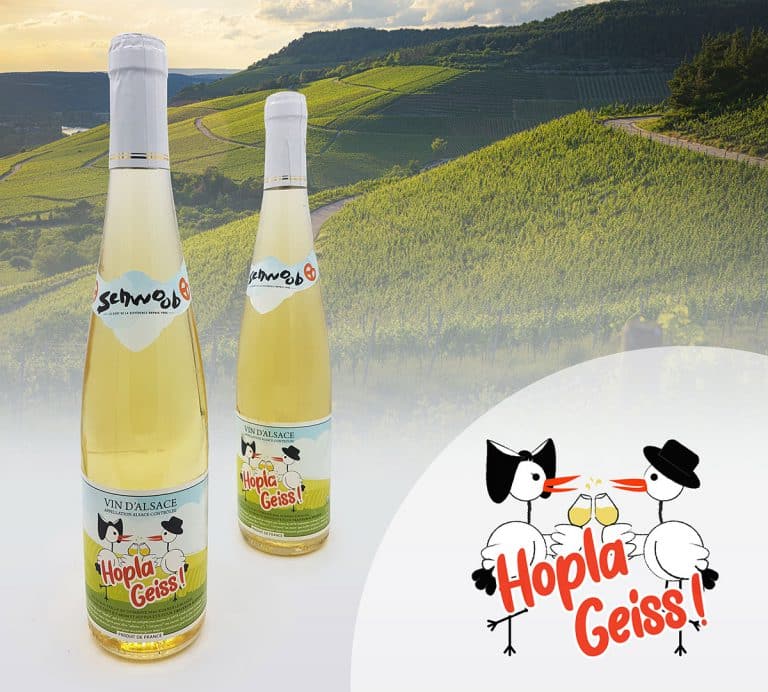 Hopla Geiss étiquette de vin blanc d'Alsace par Traiteur Schwoob