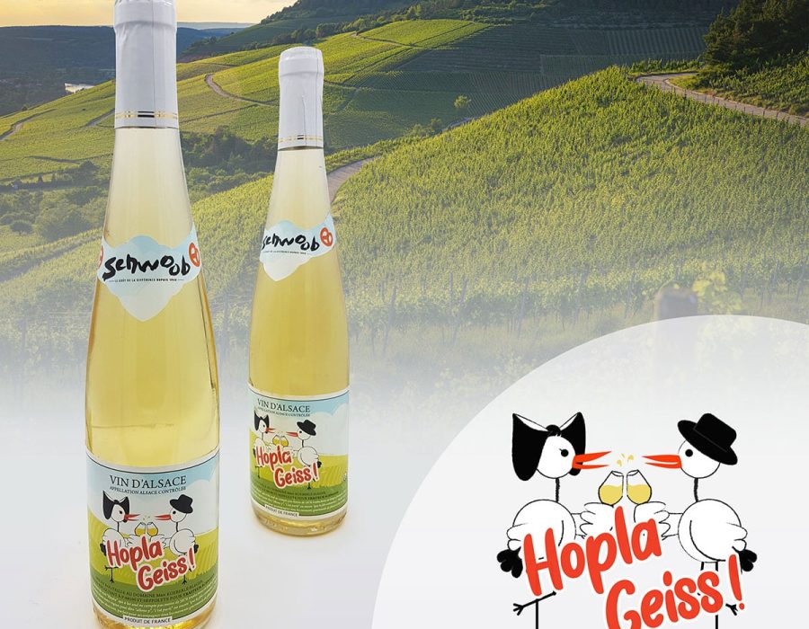 Hopla Geiss étiquette de vin blanc d'Alsace par Traiteur Schwoob